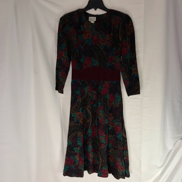 80's Floral Print Long Sleeve Dress Stuart Alan Petites Sz 8 Button and Zipper - Picture 2 of 12